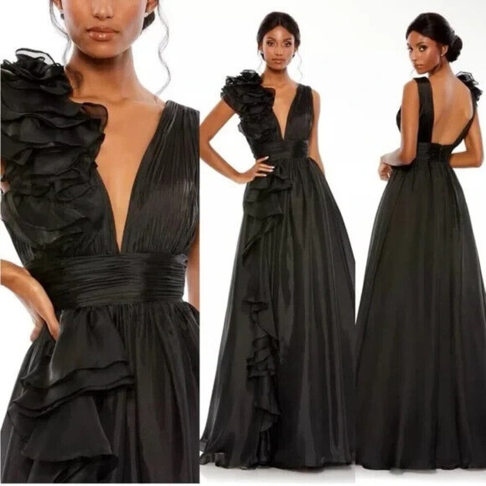 Mac Duggal Black Ruffle Detail Ruched Chiffon Ballgown